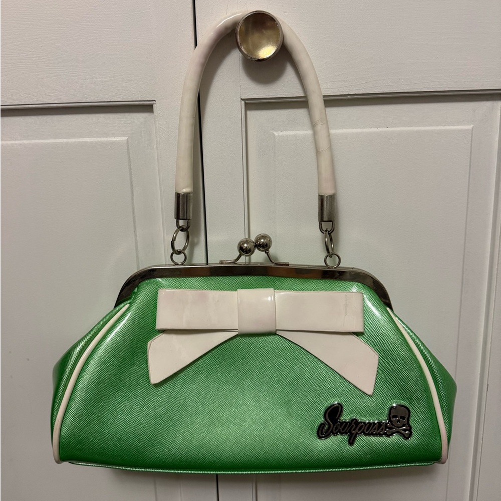Sourpuss Green Kiss Lock Floozy Purse Handbag White Bow Rockabilly Pinup Retro